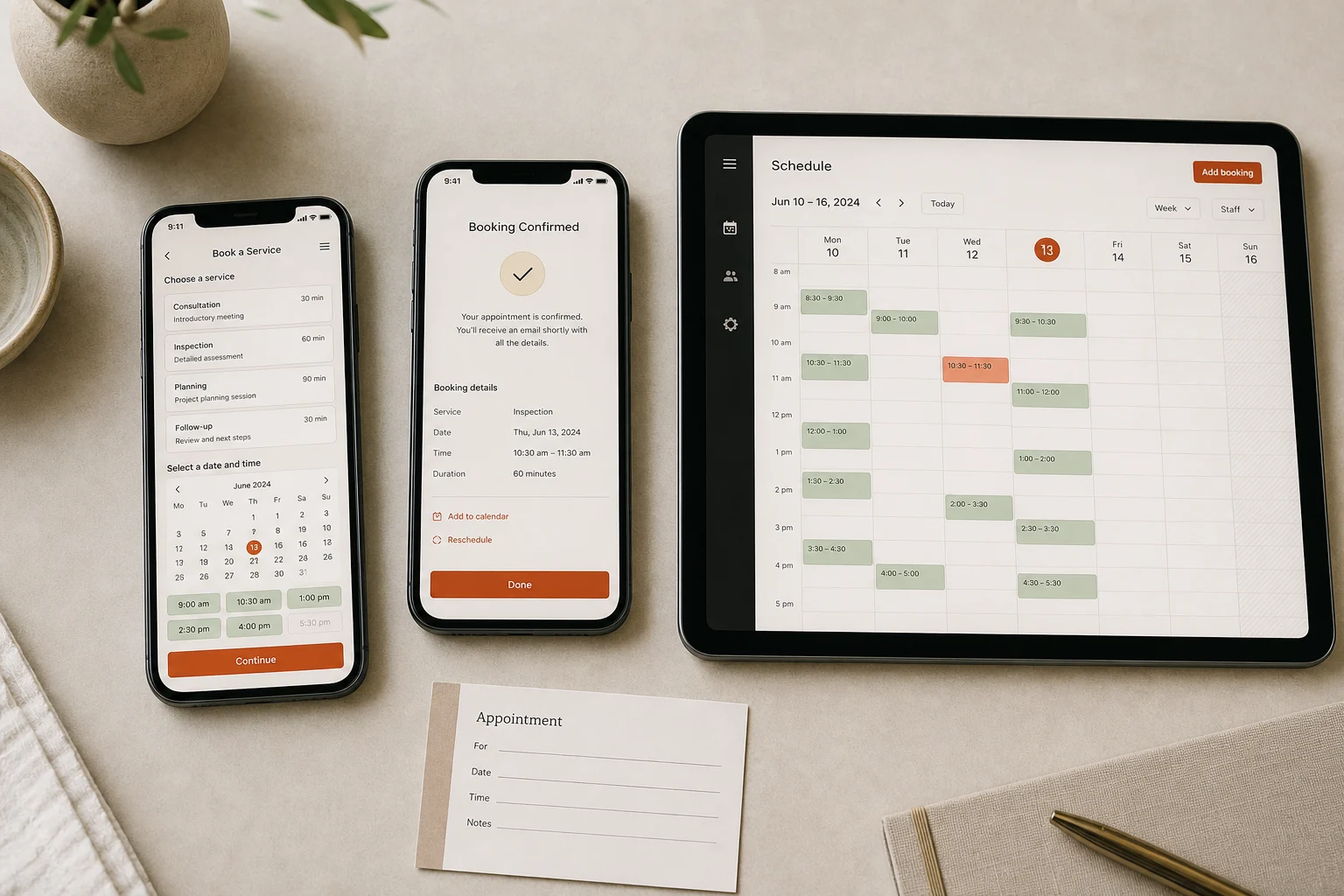 Customer booking flow dan operational schedule ditampilkan pada phone serta tablet.