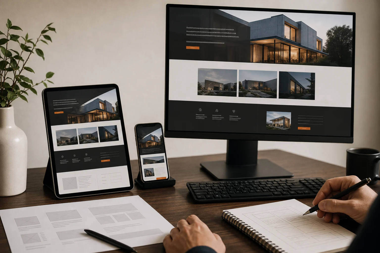 Creative team meninjau content structure dan visual direction untuk sebuah business website.