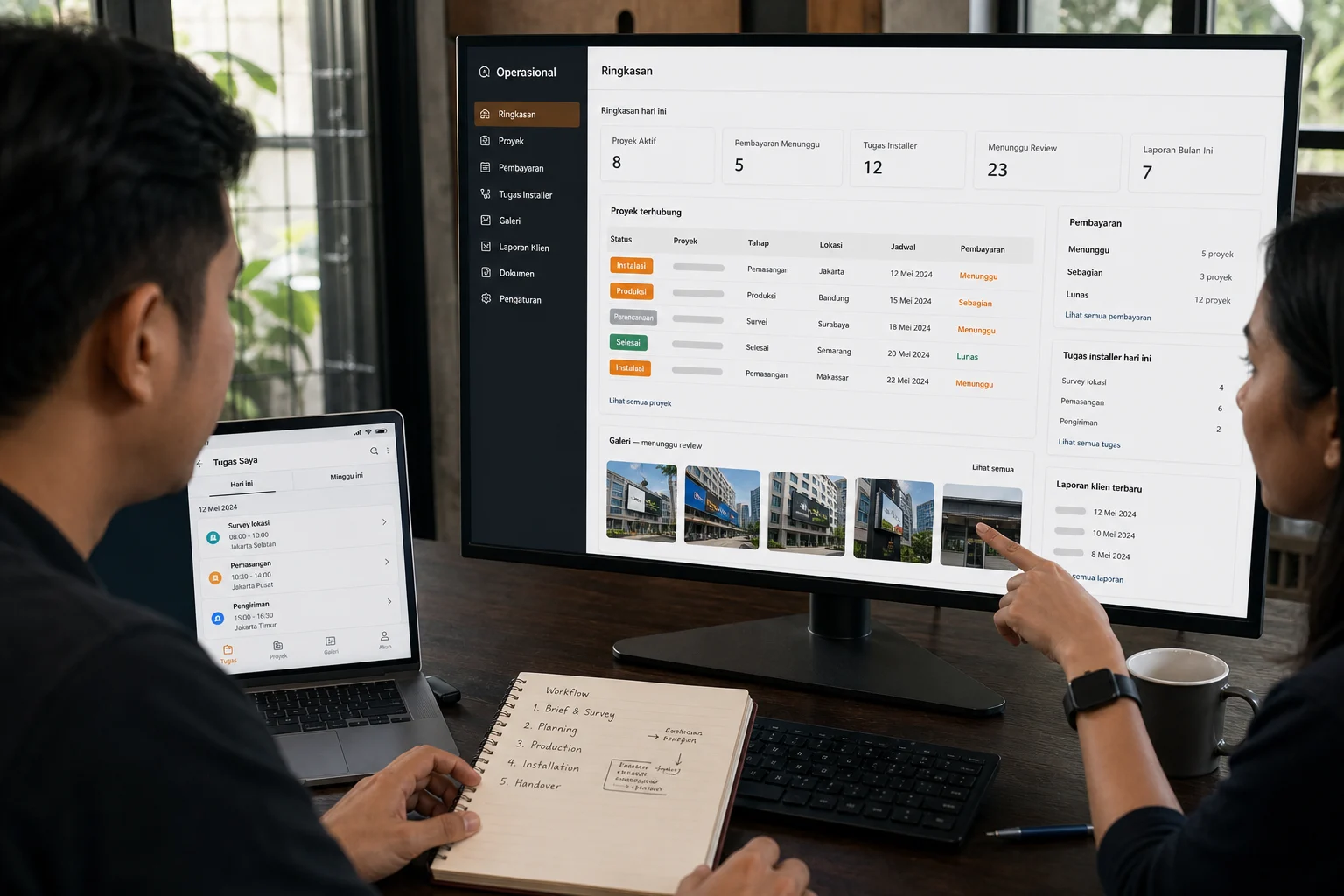 Operations team meninjau connected campaign workflow melalui dashboard dan field view.