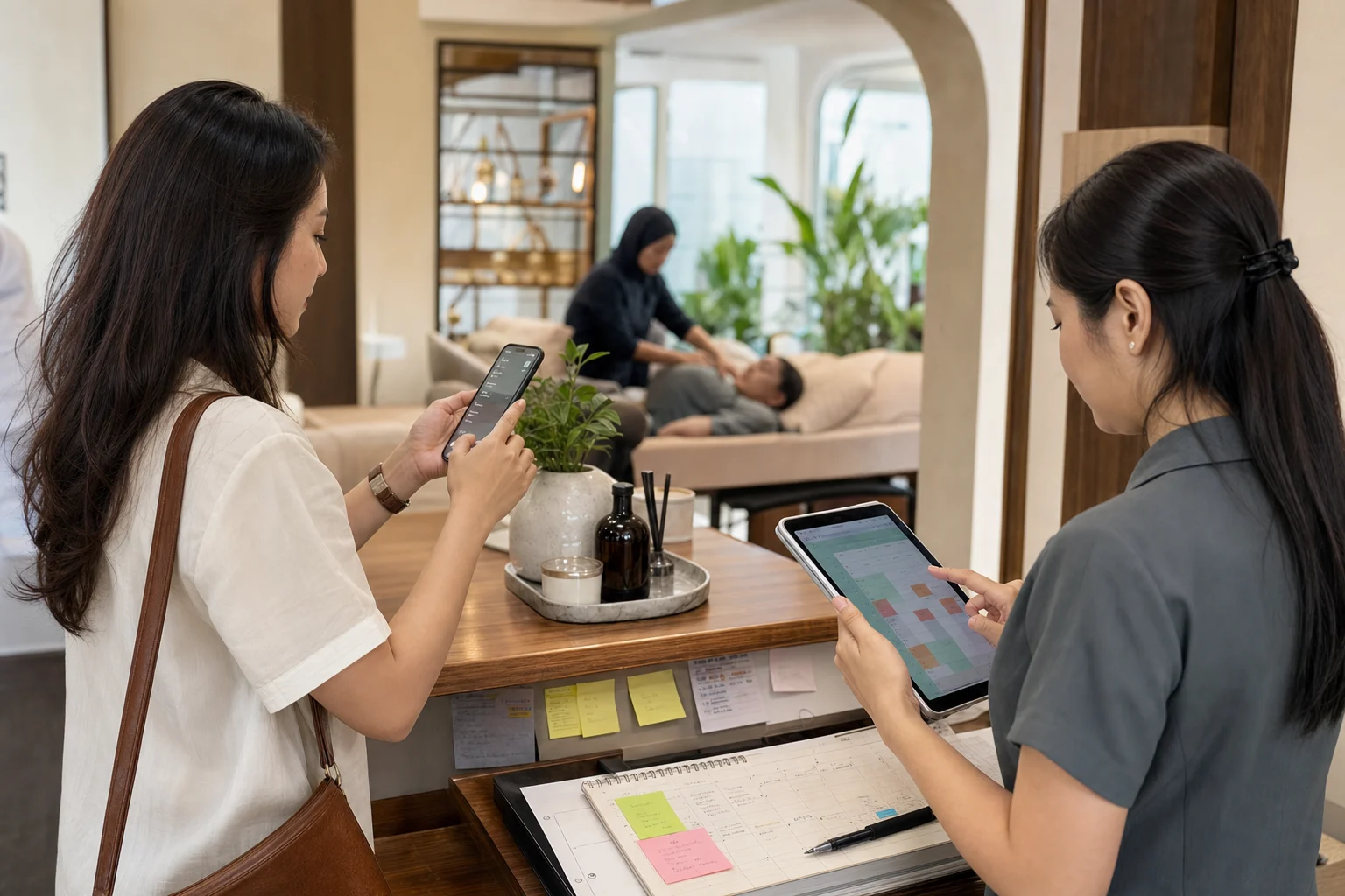 Customer memilih booking melalui phone sementara admin memeriksa availability dan schedule pada tablet.