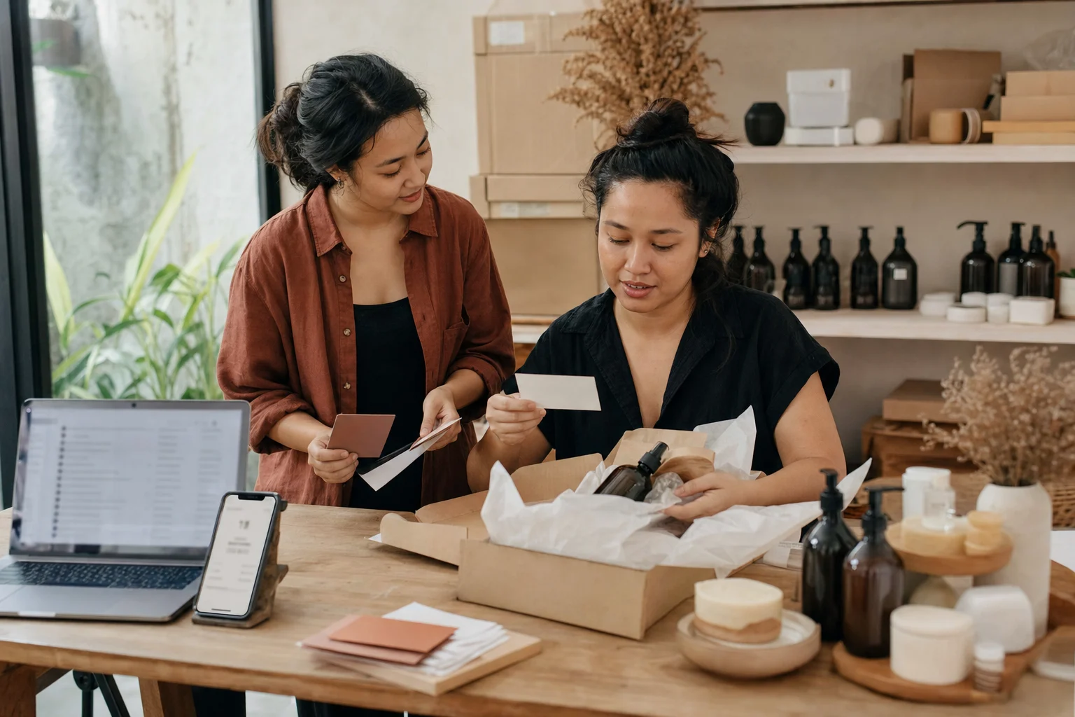 Small brand menyiapkan repeat order dan meninjau customer notes dalam direct commerce workflow.