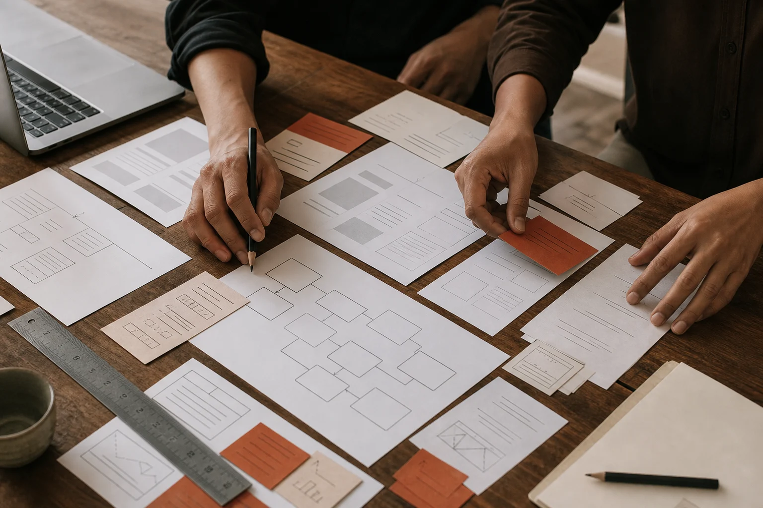 Website planning session dengan sitemap, page structure, dan content priority di atas meja.