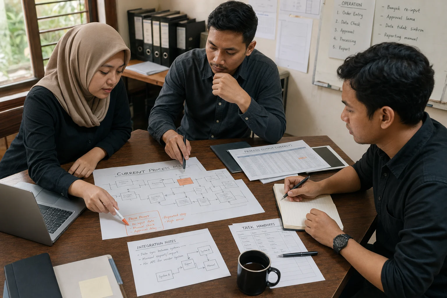 Operations team memetakan current workflow, repeated steps, handoff, dan integration notes.